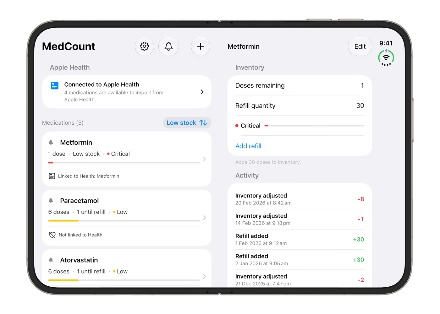 MedCount medication detail on an unfolded iPhone Duo in light mode